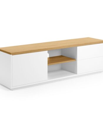 Kave Home Abilen Tv-bord       Låge    Skuffer Og   Hylder Hvid Mdf Og Natur Egetræsfinã    150x44