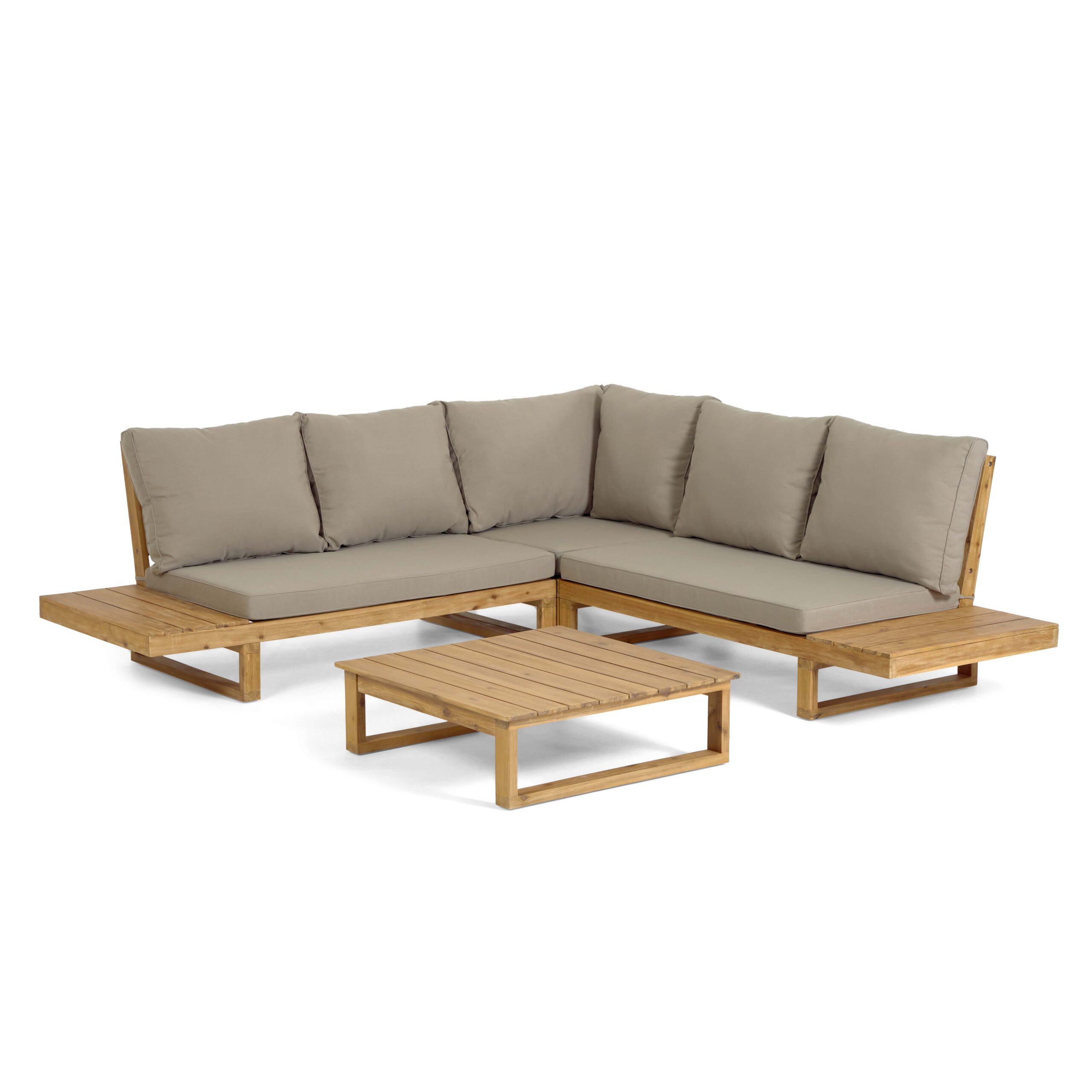 Kave Home Flaviina   Pers  Havesofa     Hynder Og Havebord Beige Stof Og Natur Akacietræ