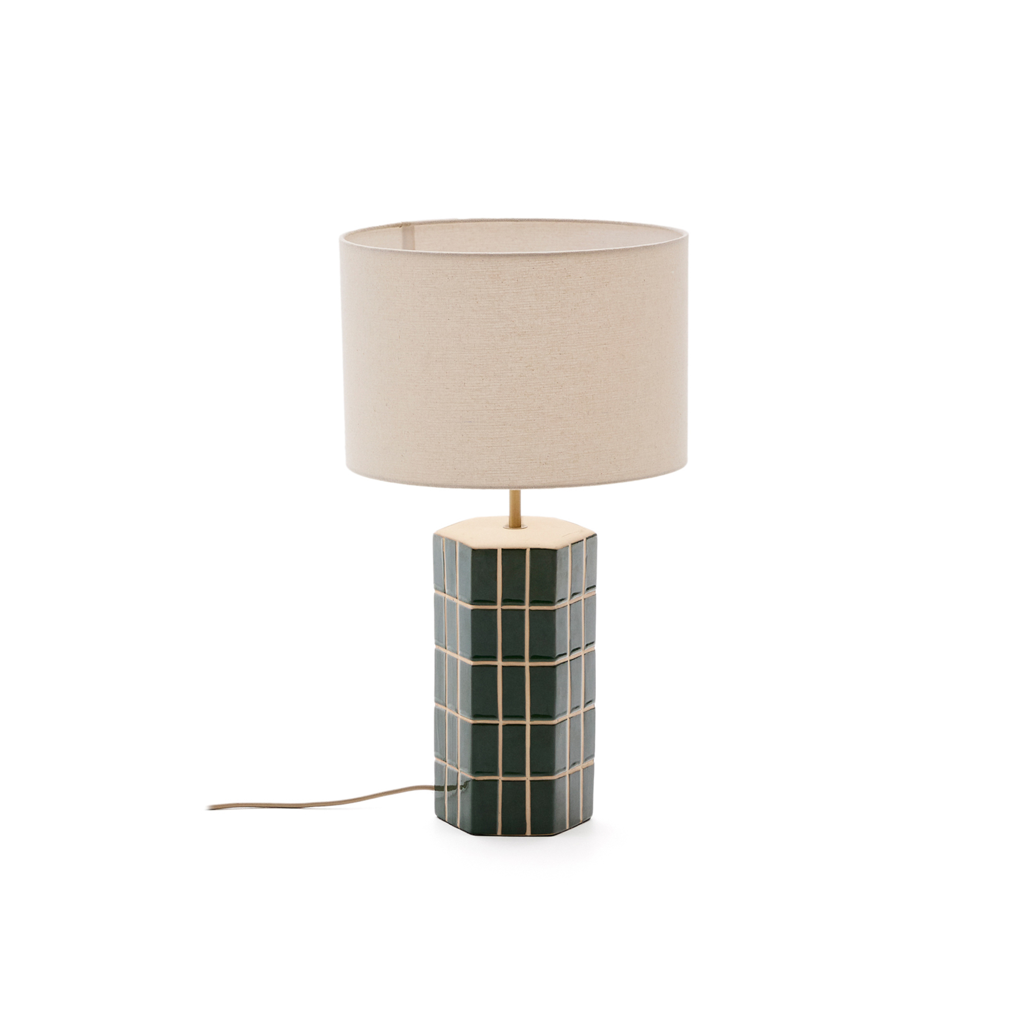 Kave Home Rue Bordlampe Ecru Stof Og Grøn Malet Keramisk