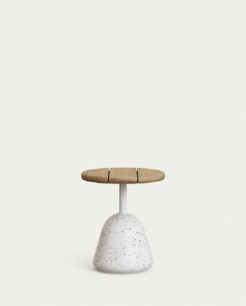 Kave Home Saura Udendørs Sofabord  Rund Natur Akacietræ Og Hvid Terrazzo  ø43x48