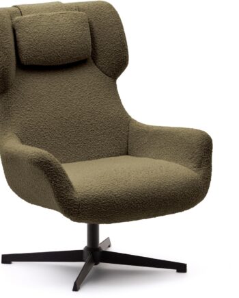 Lænestol Kave Home Zalina   Moderne Nordisk Lounge-stol   Grøn Shearling Med Drejefunktion Og Sort Metalstel