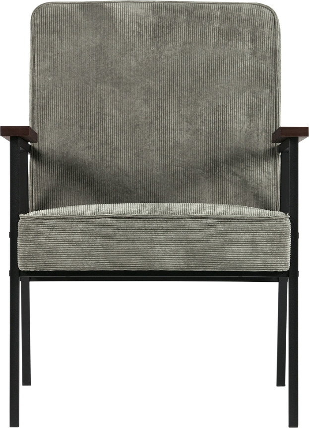 Lænestol Woood Sally   Grågrøn Ribbet Stof Hvilestol Med Sort Metalramme   Brune Træarmlæn  H87xb65xd82 Cm