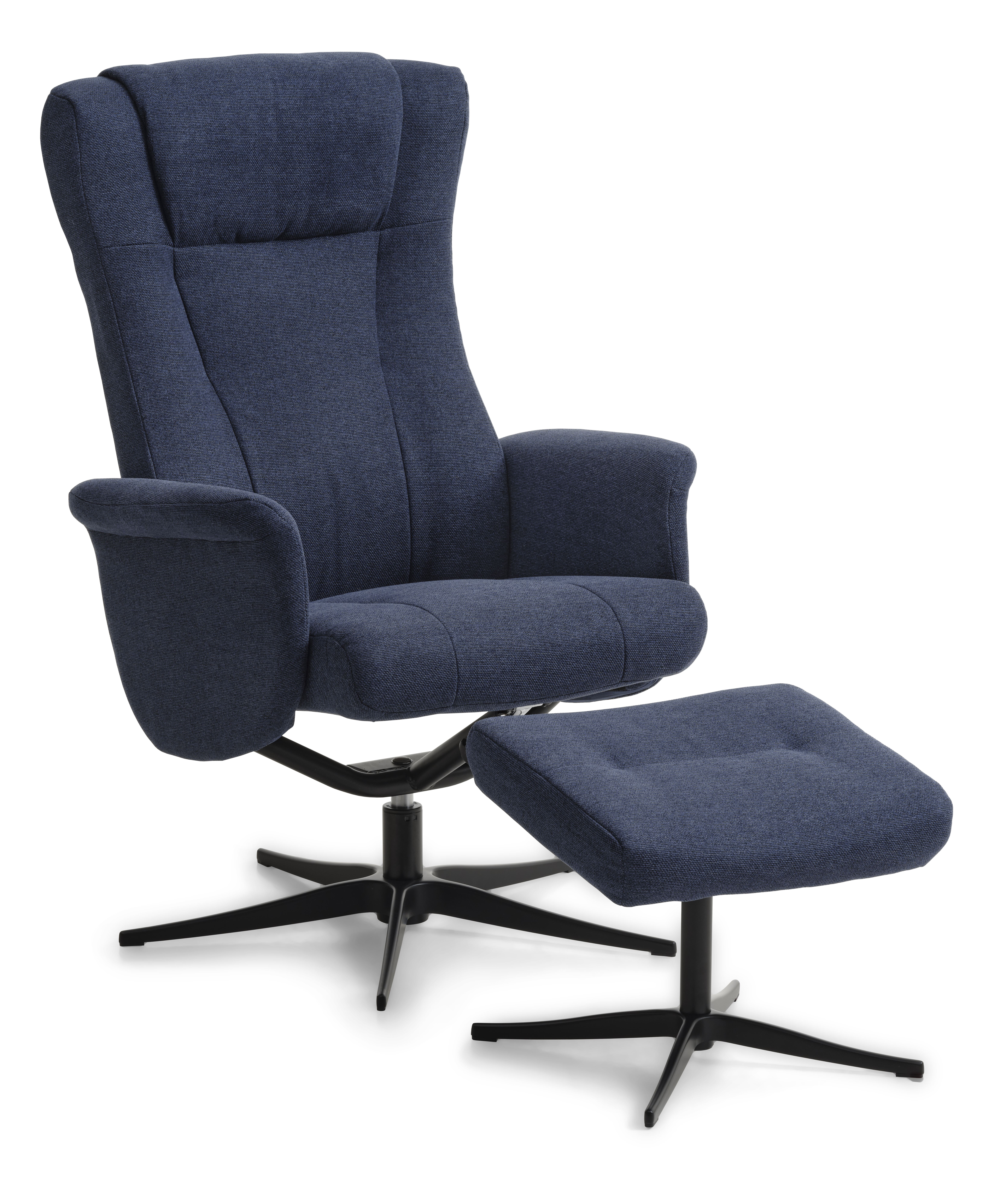 Liam Recliner Lænestol  Inkl  Fodskammel Blå Polyester Stof Og Sort Aluminium