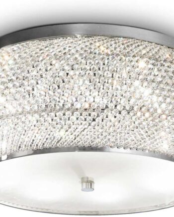 Loftlampe Ideal Lux Pasha Krom Med Krystalperler Og Sandblæst Glas ø55   H21 Cm