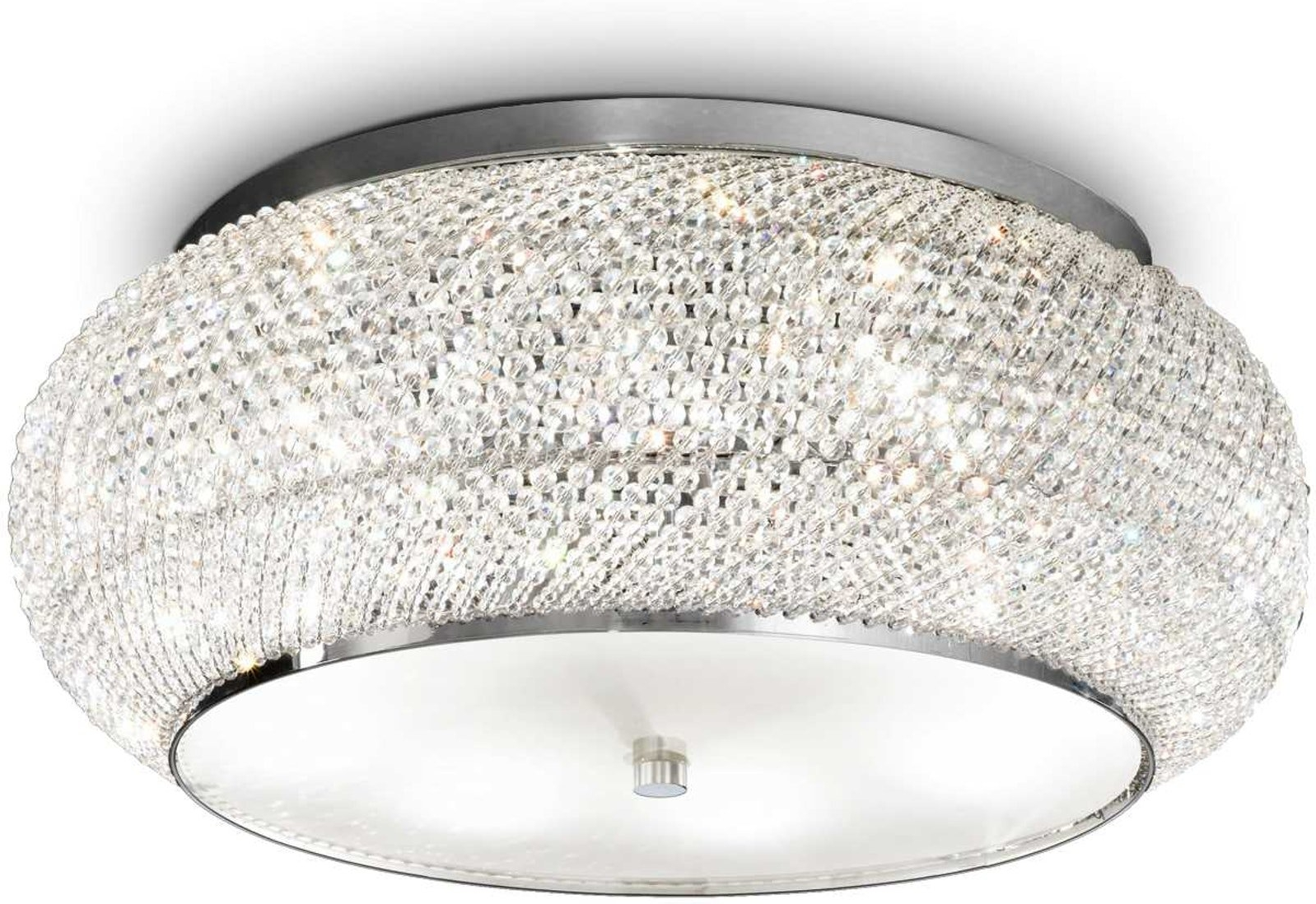 Loftlampe Ideal Lux Pasha Krom Med Krystalperler Og Sandblæst Glas ø55 H21 Cm