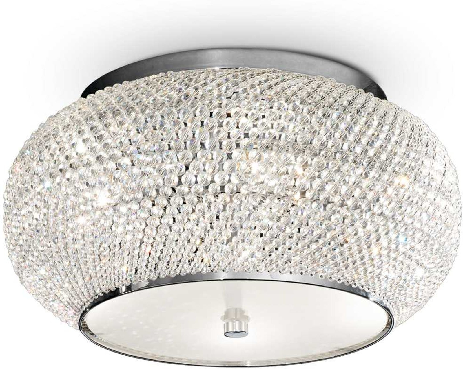 Loftslampe Ideal Lux Pasha ø40 H22 Cm Krom Med Krystalperlesnor 6xe14