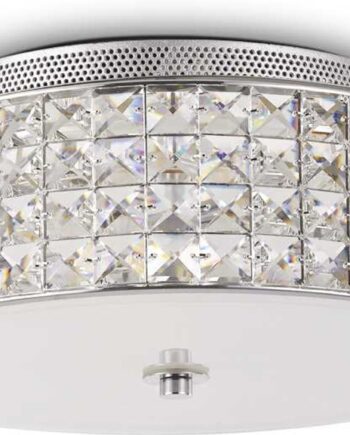 Loftslampe Ideal Lux Roma ø30 Cm Hvid Krom Med Krystalelementer Og Sandblæst Bundglas