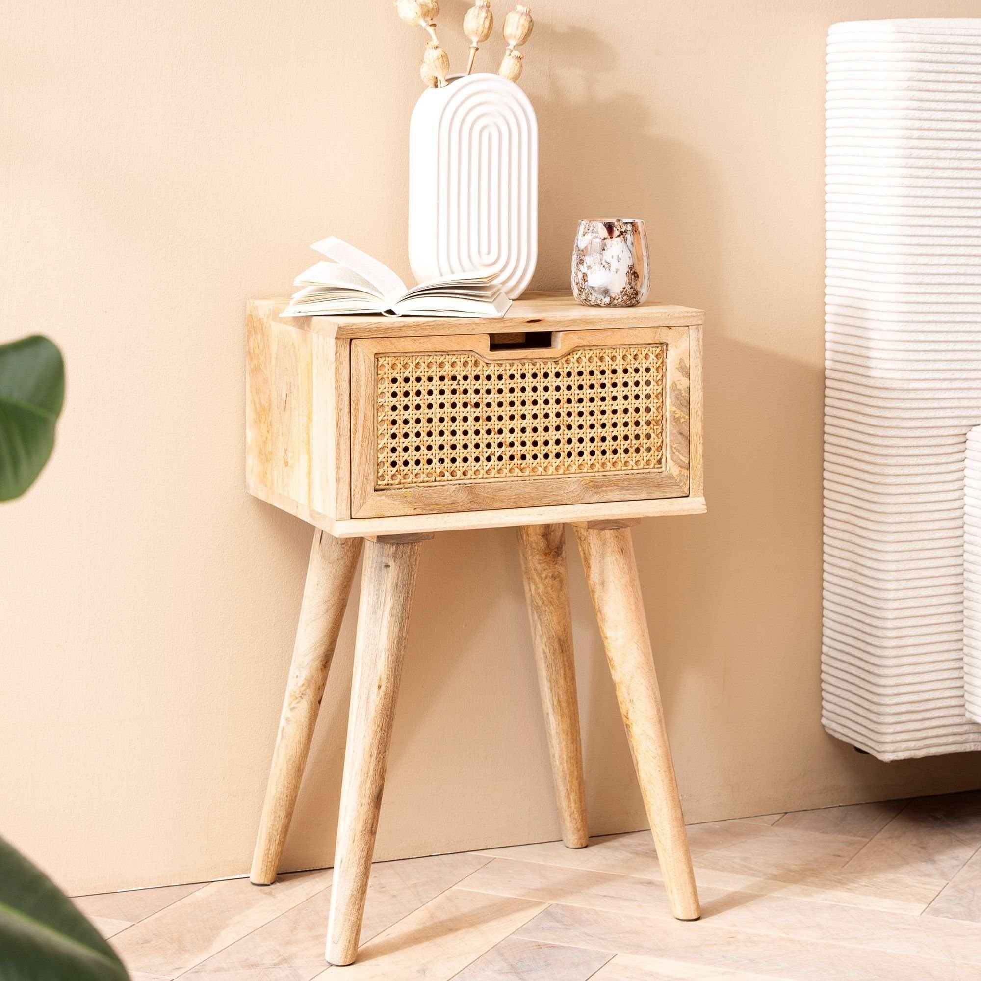 Minimalistisk Sengebord   Massivt Træ   Rattan 40x60x30 Cm  Naturfarvet