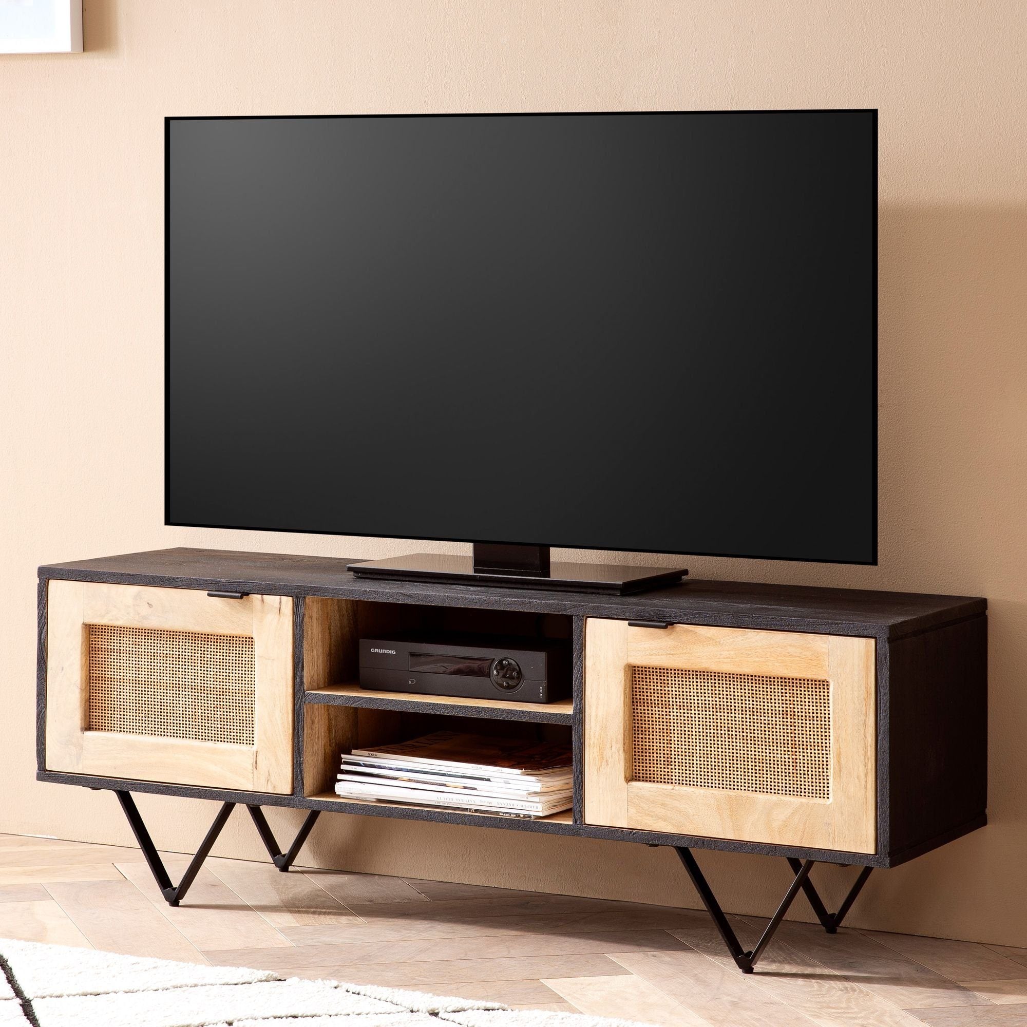 Moderne Tv-skab Med Masser Af Opbevaringsplads  Massivt Træ   Rattan  120x44x35 Cm  Brun Og Sort