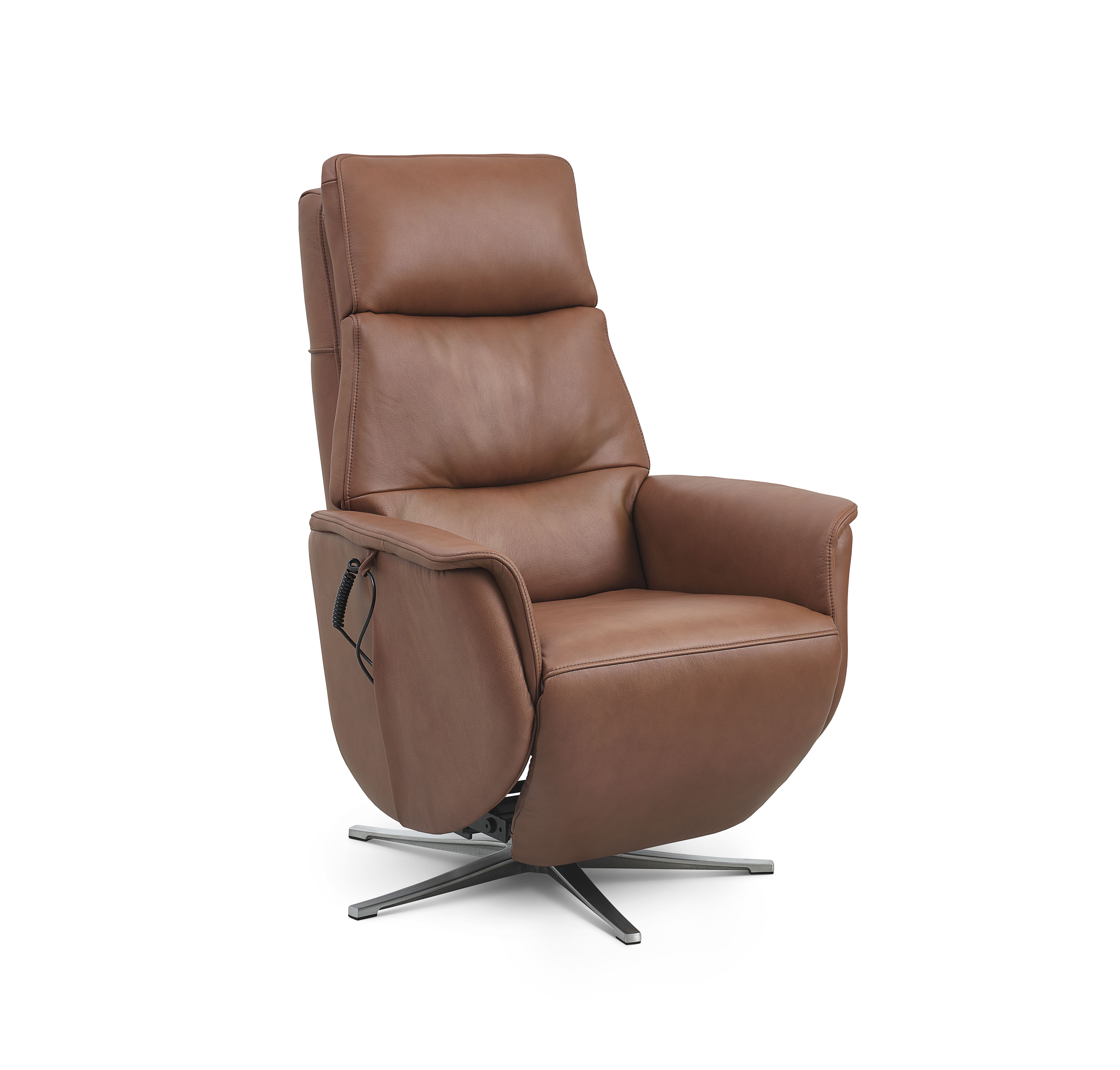 Nicolai Recliner Stol    Motorer  Armlæn  Vippefunktion  Fodskammel Cognac Semianilin Læder  Metal