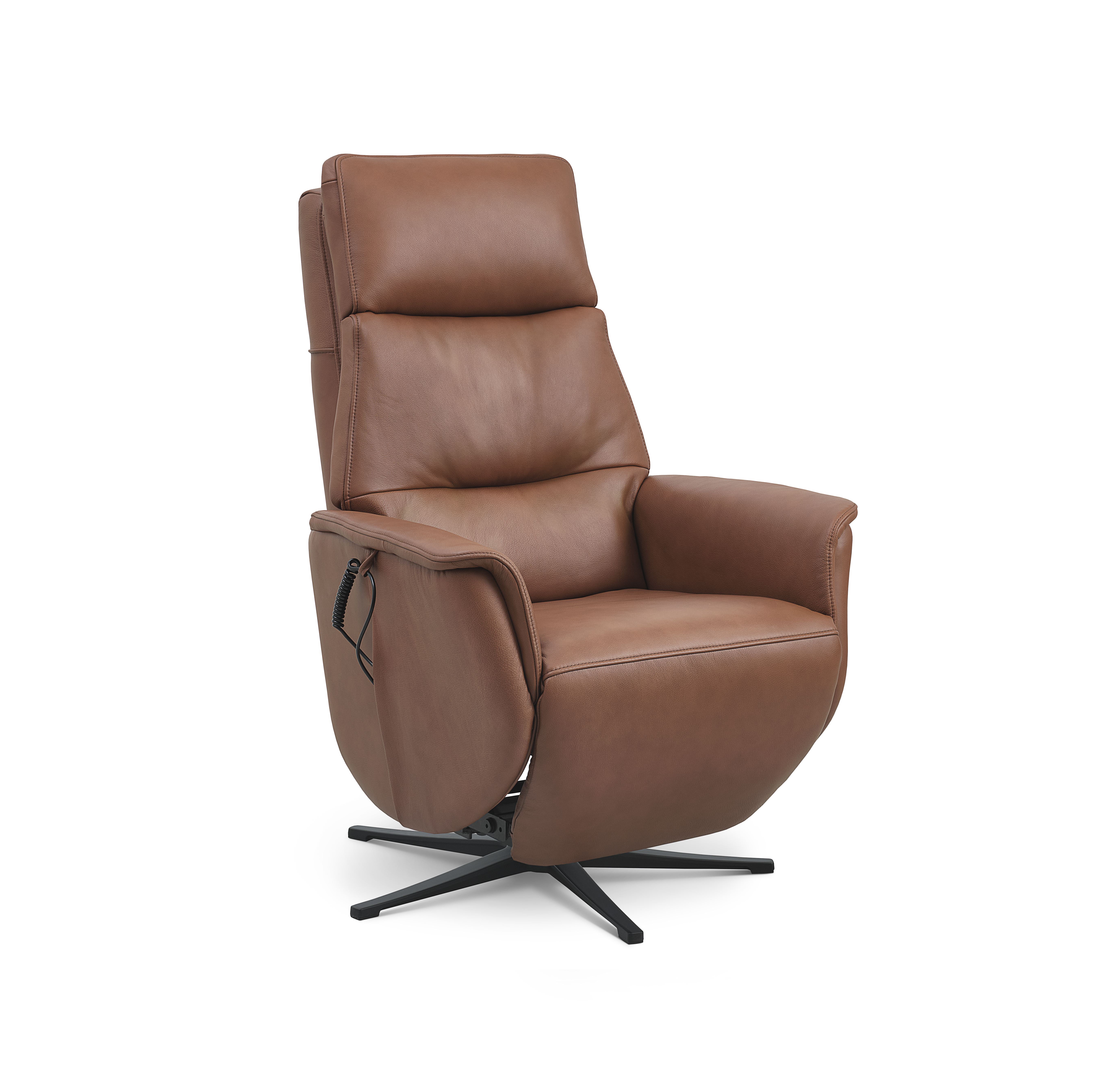 Nicolai Recliner Stol    Motorer  Armlæn  Vippefunktion  Fodskammel Cognac Semianilin Læder  Metal