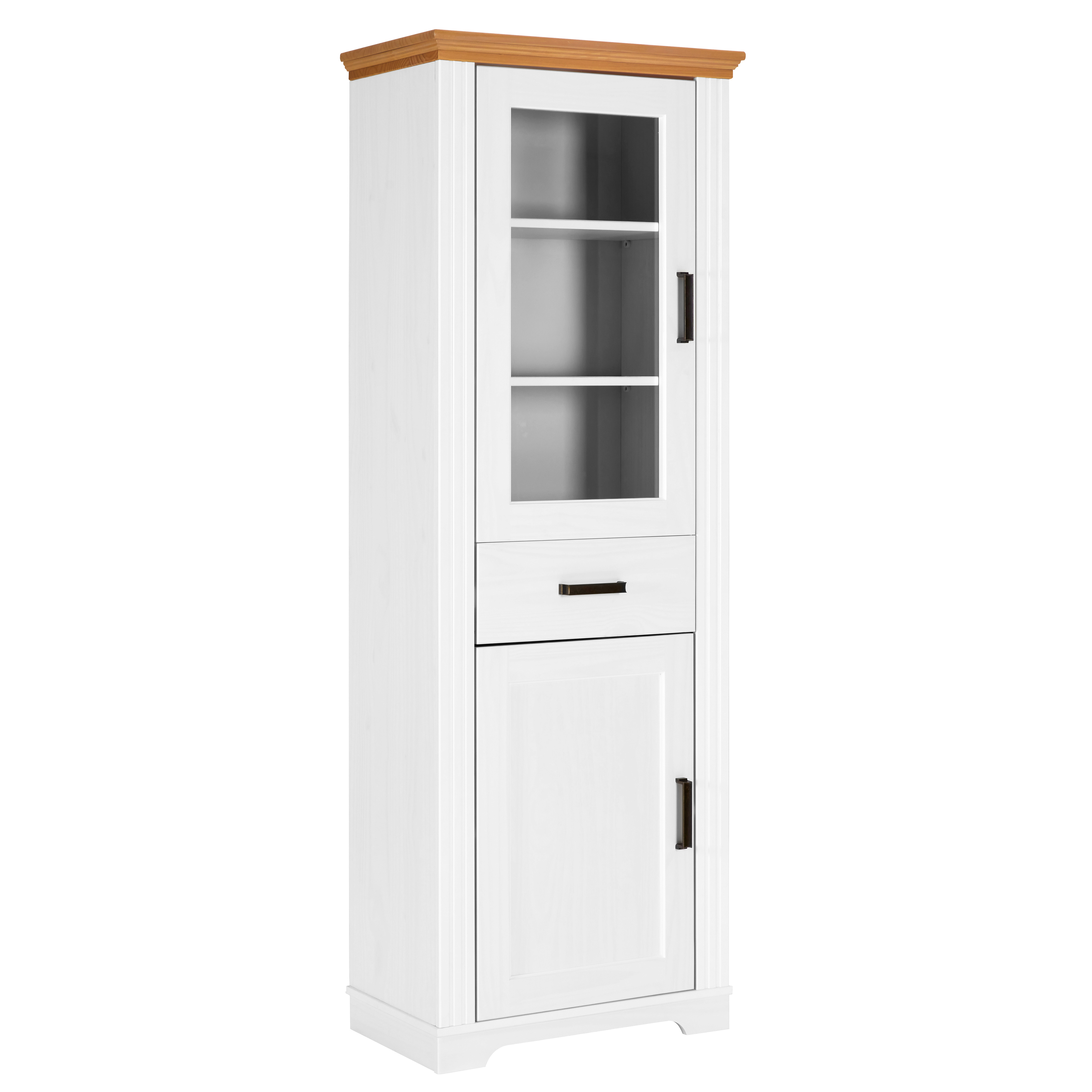 Nordic Living Collection Maluno Søjlevitrineskab       Låger    Hylder    Skuffe Glas Og Natur Og Hvid Fyrretræ