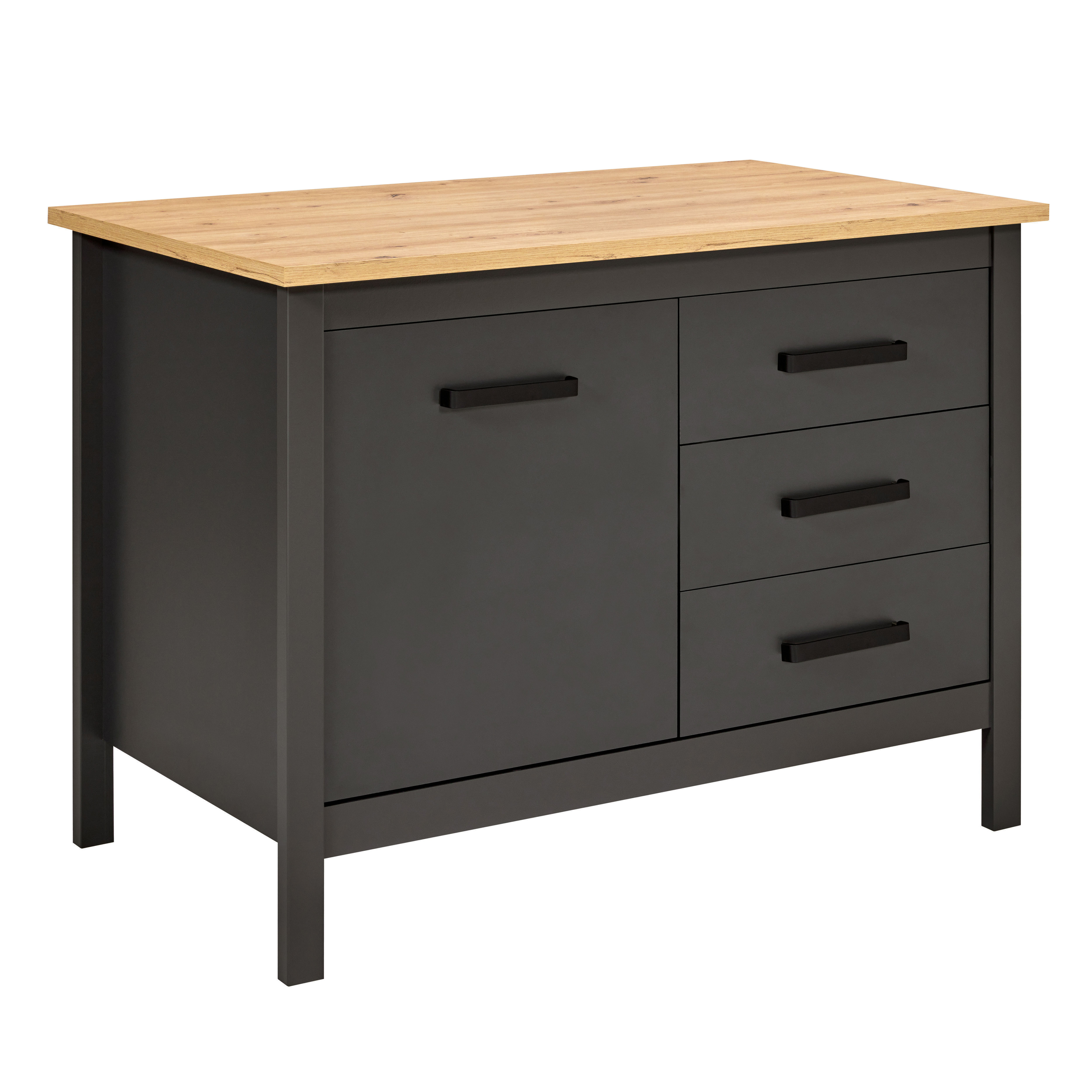 Nordic Living Collection Piazza Nero 1t3s Køkkenø       Låge    åbne Hylder    Skuffer Antracitgrå Og Artisan Egefinish Melamin  124x75