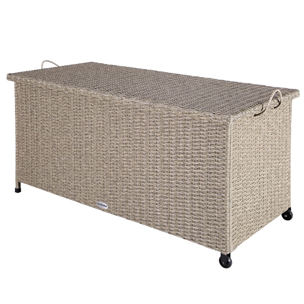 Opbevaringsboks 117x53x60cm Polyrattan Vandtæt Rullebar   Gastrykfjedre  Grå Beige