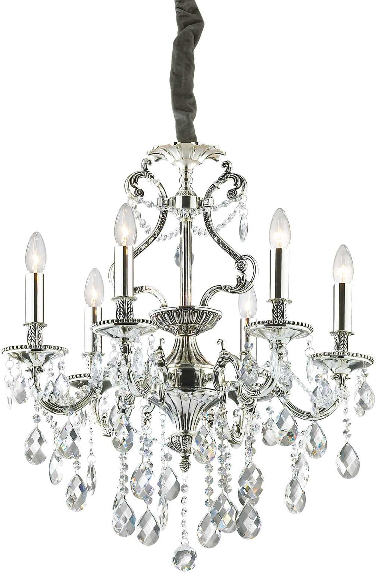 Pendel Lampe Ideal Lux Gioconda ø62 Cm H93-118 Cm Med Krystalvedhæng Antik Sølv