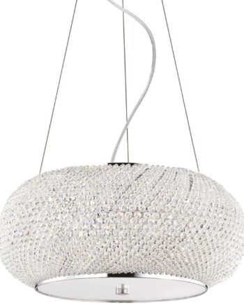 Pendel Lampe Ideal Lux Pasha Hængelampe ø45 Cm Krom Sandblæst Glas Med Krystalperler Justerbar Højde