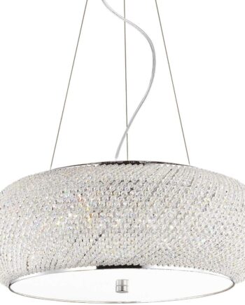 Pendel Lampe Ideal Lux Pasha ø55 Cm Justerbar H25-234 Cm Krom Metal Glas 10xe14 Krystaller