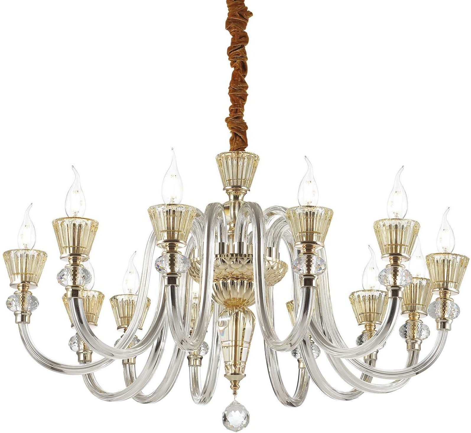 Pendel Lampe Ideal Lux Strauss ø84 Cm Guldfinish Med Ravglas Fløjlskæde Og Højdejustering