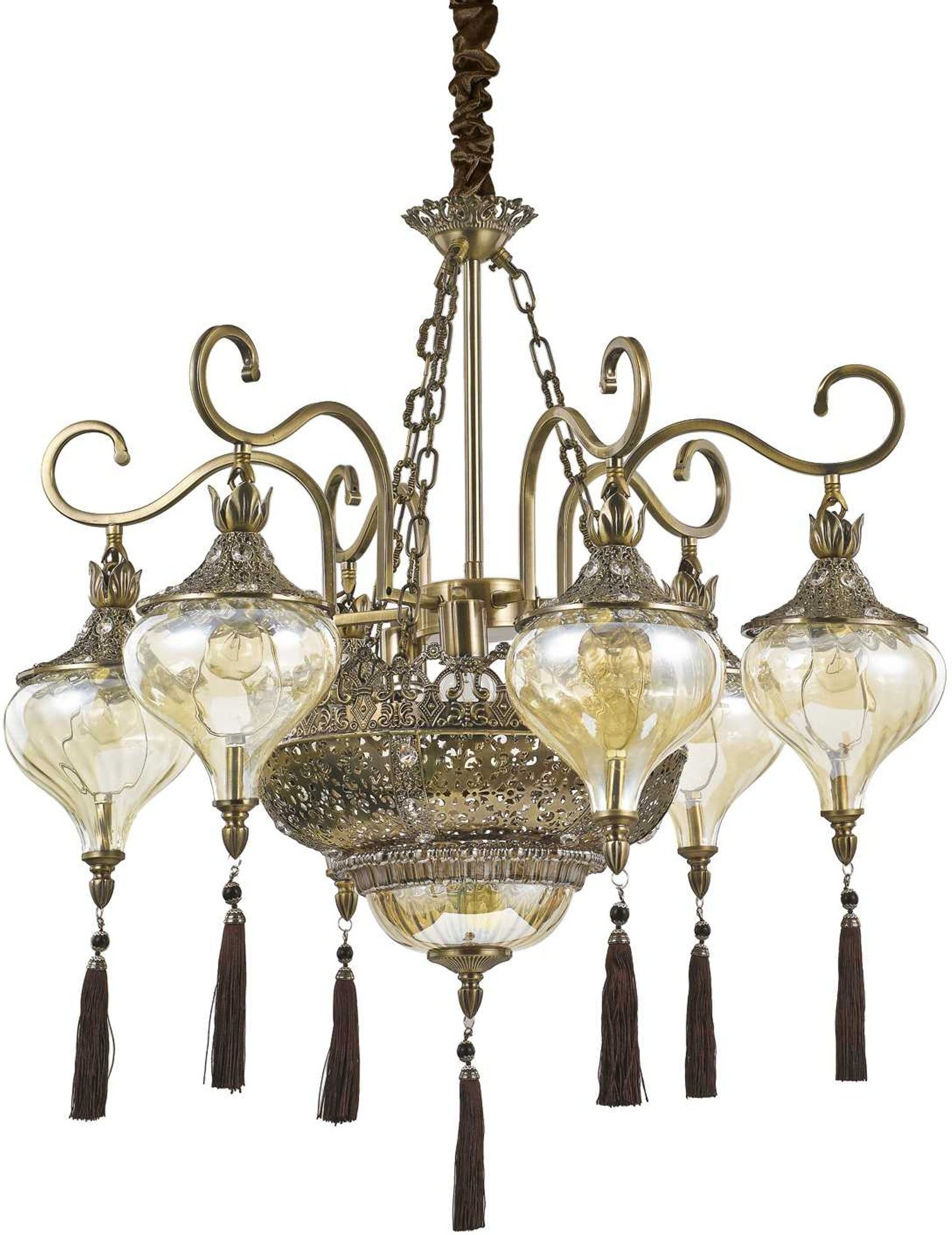 Pendellampe Ideal Lux Harem ø75 Cm Antik Messing Med Ravfarvet Glas Og Fløjlsdetaljer