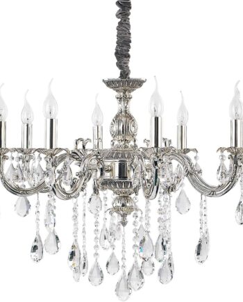Pendellampe Ideal Lux Impero ø75 Cm Justerbar Højde Loftlampe Sølv Med Krystaller 8xe14