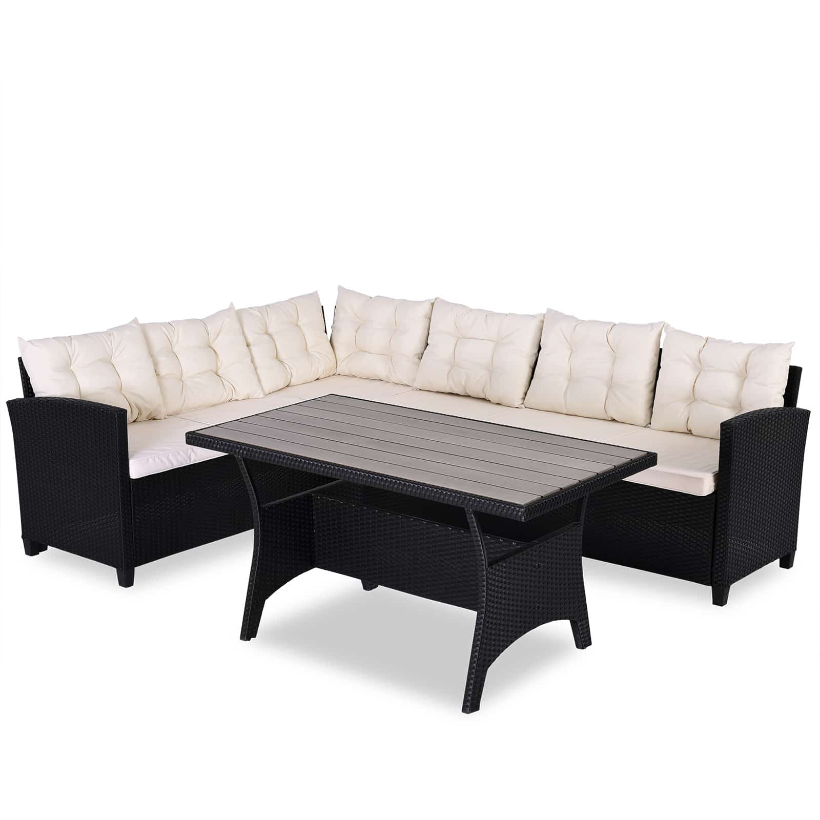 Polyrattan Loungesæt Sort Creme Wpc Bordplade