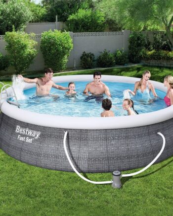 Poolsæt Med Filterpumpe   457   107 Cm  Rattan Look  Skifergrå  Rundt