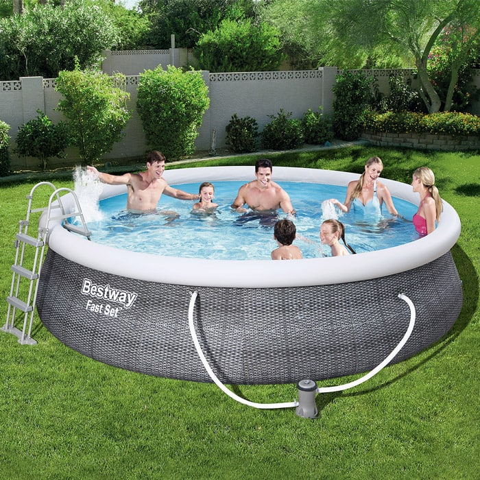 Poolsæt Med Filterpumpe   457   107 Cm  Rattan Look  Skifergrå  Rundt