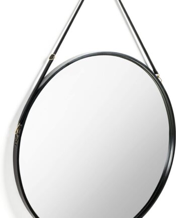 Rundt Vægspejl ø80 Cm Kave Home Raintree   Sortmalet Mdf   Glas Med Justerbar Sort Kunstlæderrem