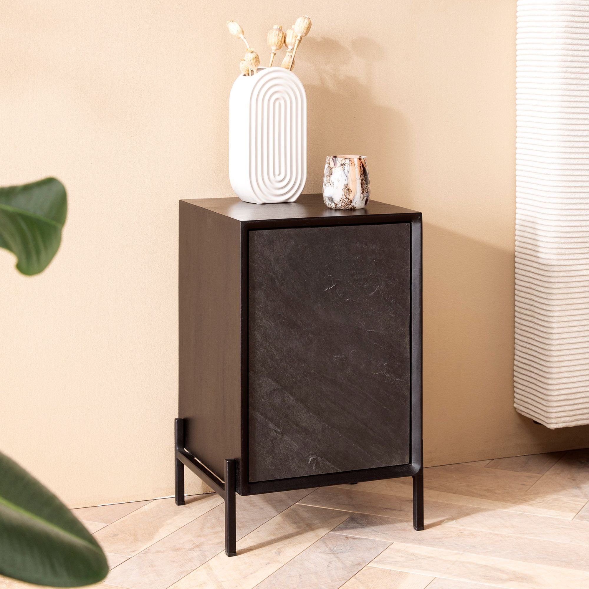 Sengebord   Steen-look  Massivt Træ Sten-look  35x53x36cm  Sort Og Antracit