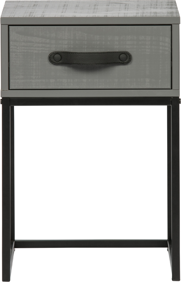 Sengebord Natbord Woood Morris   Lergrå Finish Fsc-træ Med Sort Metalramme  Skuffe Med Læderhåndtag  H52xb35xd35 Cm
