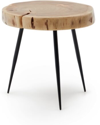 Sidebord Kave Home Rousy Massivt Akacietræ Natur Med Sorte Stålben Rustik Vintage 40x45x40 Cm