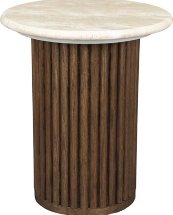 Sidebord   Småbord Dutchbone Arda   Mørkebrun Ribbet Egetræ Og Cremet Marmor ø35   H40 Cm