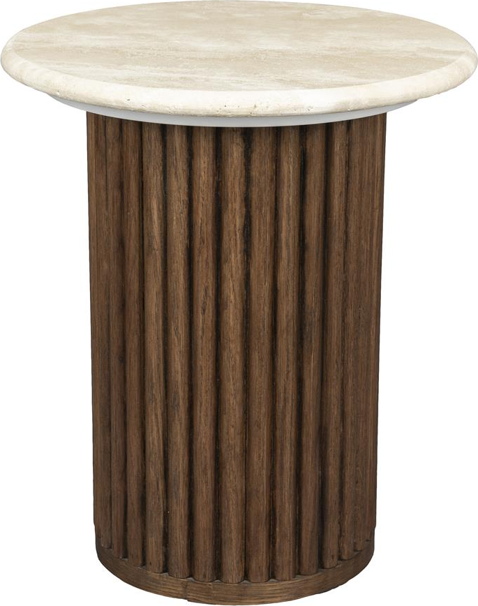 Sidebord   Småbord Dutchbone Arda   Mørkebrun Ribbet Egetræ Og Cremet Marmor ø35   H40 Cm