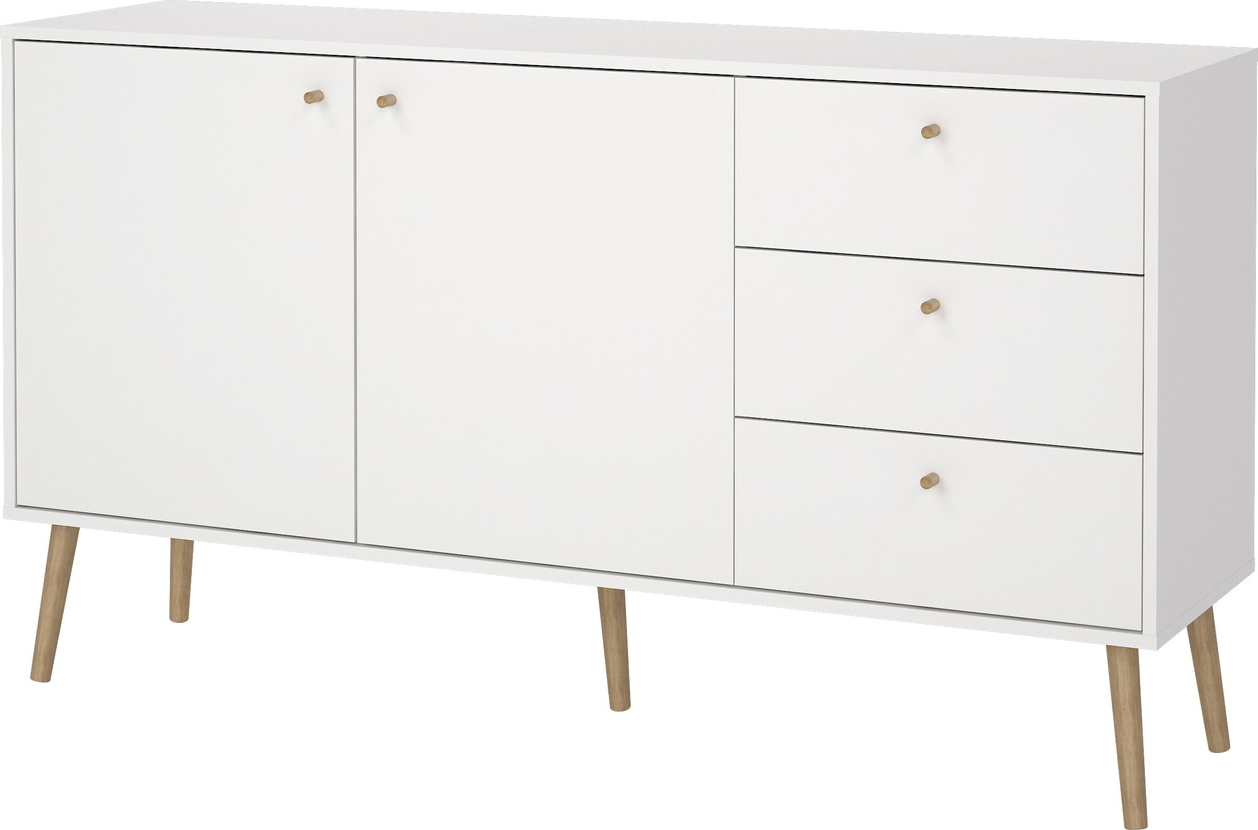 Skænk Vesterholm Bodo Hvid Folie Døre Skuffer Justerbare Hylder Massivt Træhåndtag B147 D39 H82 Cm
