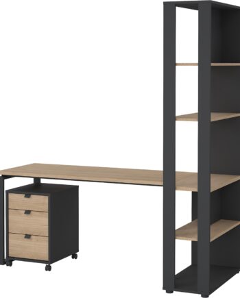 Skrivebord Med Mobilt Skab Og Bogreol Vesterholm Formé  Spånplade  Jackson-hickory Matgrå  Skuffehåndtag   Stål  H205ã B184ã D80 Cm