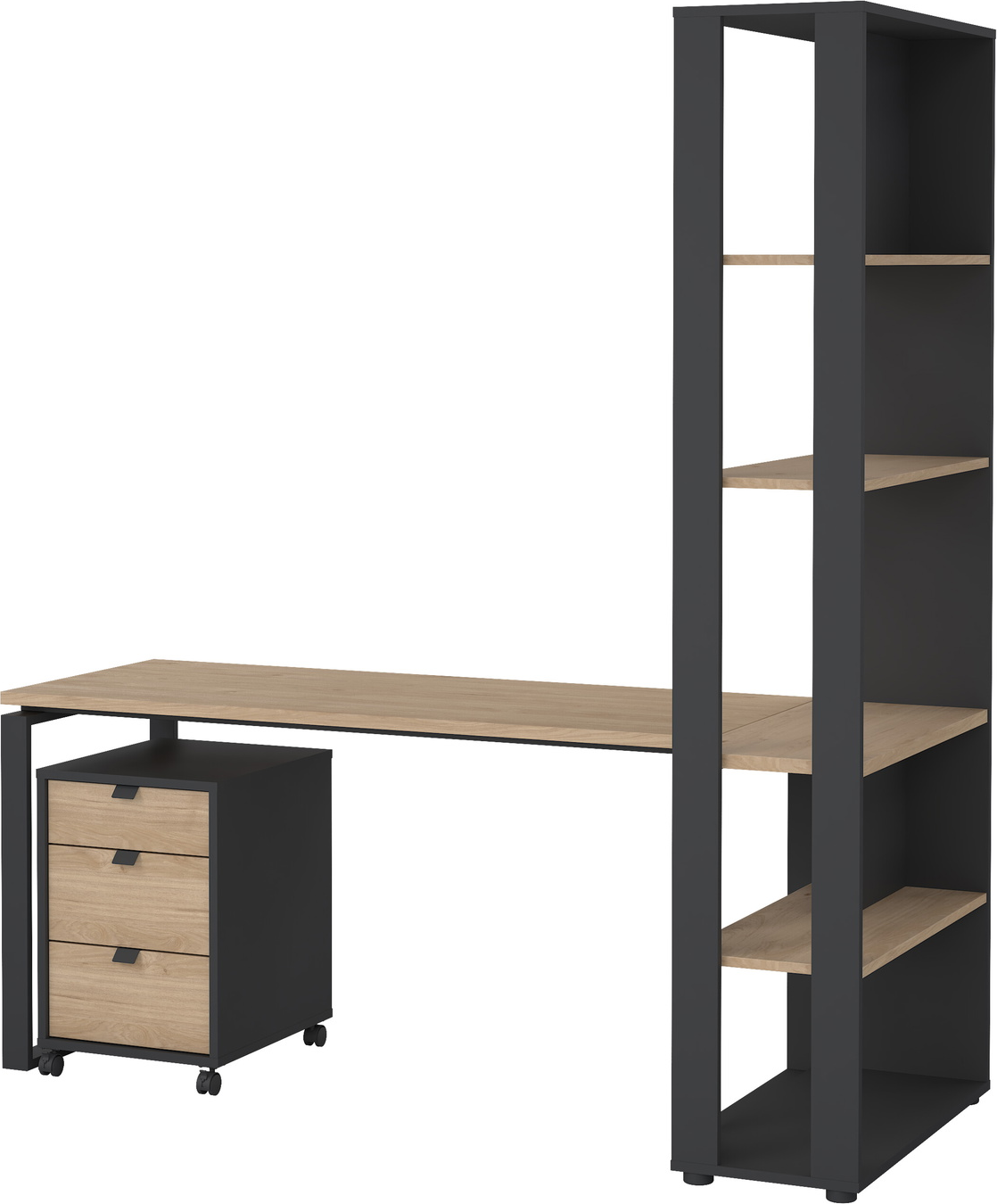 Skrivebord Med Mobilt Skab Og Bogreol Vesterholm Formé Spånplade Jackson-hickory Matgrå Skuffehåndtag Stål H205ã B184ã D80 Cm