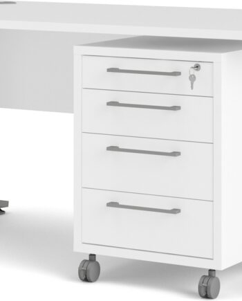 Skrivebord Vesterholm Prima 150x80 Cm Hvid Melamin Med Mobil Kassette På Låsbare Hjul  Stål Plast Ben  Dansk Design