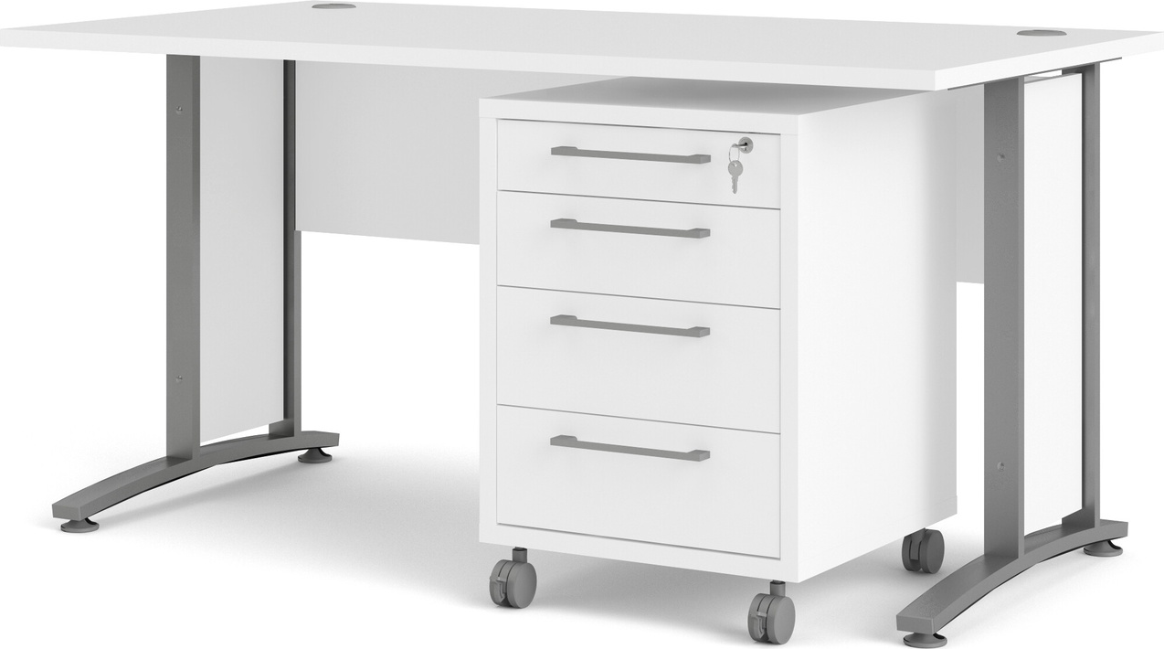 Skrivebord Vesterholm Prima 150x80 Cm Hvid Melamin Med Mobil Kassette På Låsbare Hjul Stål Plast Ben Dansk Design