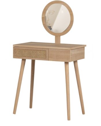 Sminkebord Woood Soof Natur   Kompakt Mdf   Fyrretræ Med   Skuffer   Rundt Spejl  Skandinavisk Design  Fsc-certificeret