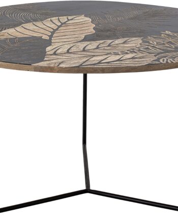 Sofabord Creative Collection Lac   Sortbejdset Mangotræ Med Håndskåret Bladmotiv 80x80 Cm H45