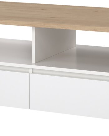 Sofabord Kaffebord Vesterholm Next 120x60 Cm Jackson Hickory Hvid Højglans Med   Skuffer  Hylde Og Fsc-certificeret Træ