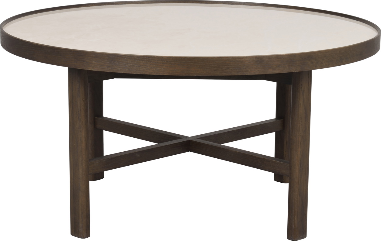 Sofabord Rowico Marsden ø90   H45 Cm Beige Keramikbord   Brun Lakeret Egetræ Rund