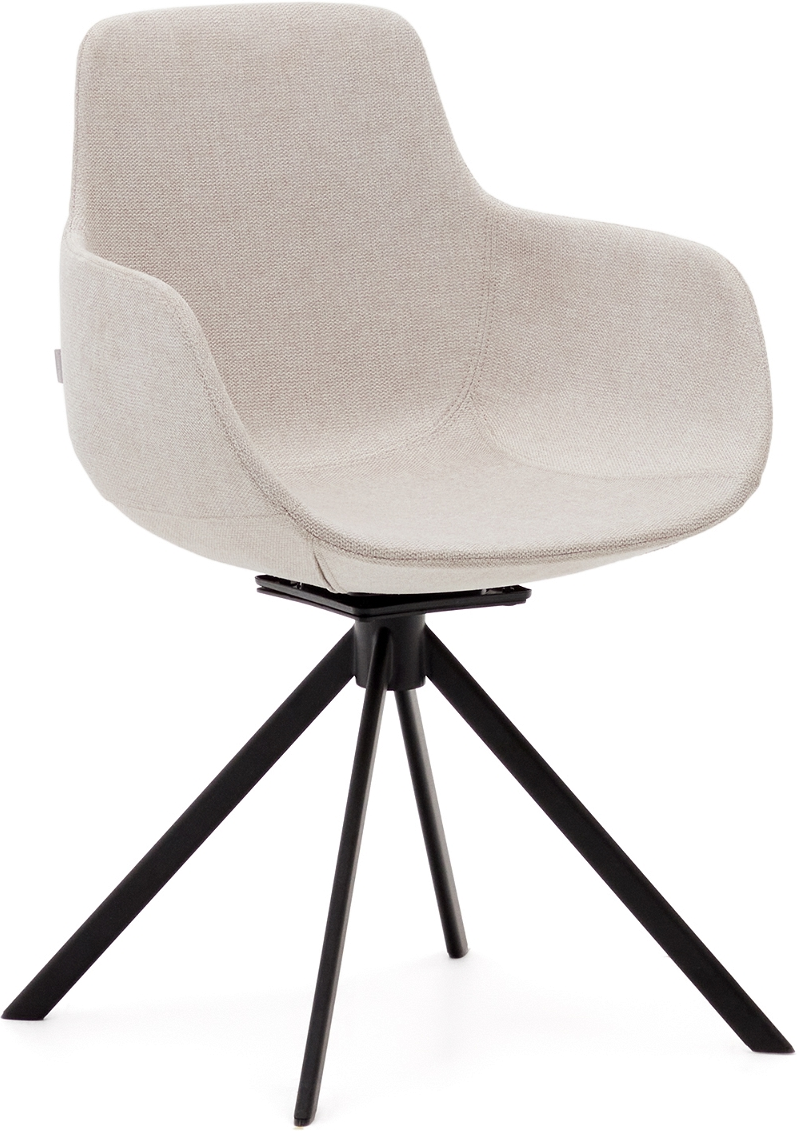 Spisebordsstol Med Armlæn Kave Home Tissiana Beige Polstret Drejelig Twill Stof Sort Stålben H46ã B55ã D55   Cm