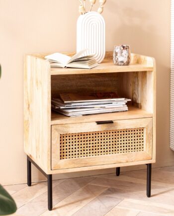Stilfuldt Sengebord   Massivt Træ   Rattan 50x60x40 Cm  Naturfarvet