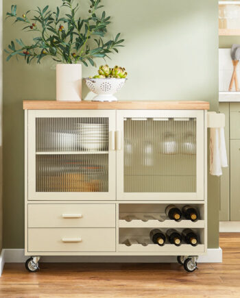 Trendy Og Stilfuld Køkkenø På Hjul Med Vinhylder  109x40x92 Cm  Beige