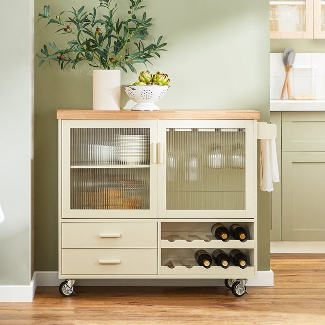 Trendy Og Stilfuld Køkkenø På Hjul Med Vinhylder  109x40x92 Cm  Beige