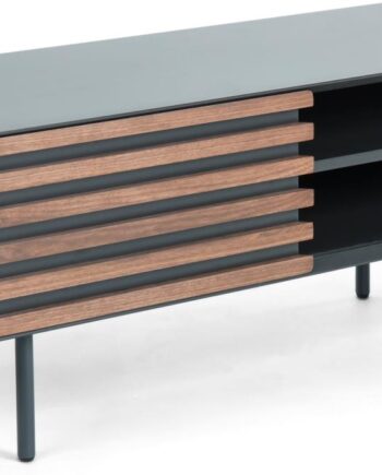 Tv-bord Kave Home Kesia Sort Natur  Moderne Vintage Mat Grafitlakeret Mdf Med Valnøddefiner Og Stålben  Kabelstyring  Soft-close  120x45x48   Cm