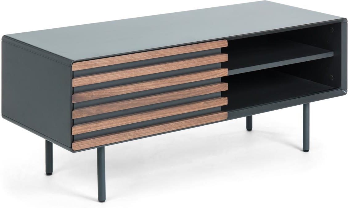 Tv-bord Kave Home Kesia Sort Natur Moderne Vintage Mat Grafitlakeret Mdf Med Valnøddefiner Og Stålben Kabelstyring Soft-close 120x45x48 Cm