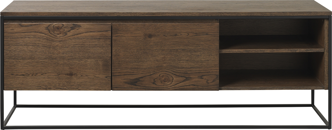 Tv-bord Nordique Design Rivoli Røget Egetræ Og Sort Metalramme 155ã 42ã 55 Cm Med To Låger Og Hylder