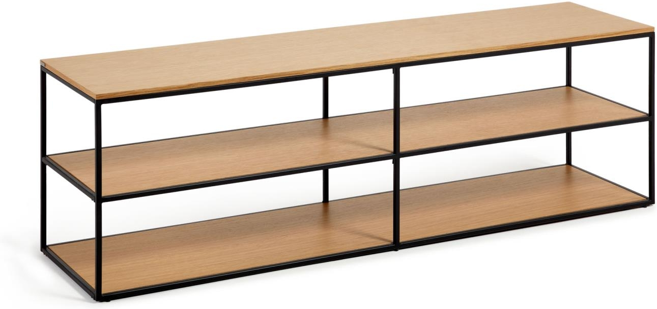 Tv-bord Tv-møbel Kave Home Yoana Fineret Egetræ Og Mat Sort Metalramme 160x40x50 Cm Nordisk Design Med To Hylder